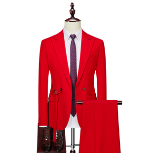 男士休闲结婚礼服两件套纯色，双排扣西装大红色外套，上衣长裤子套装