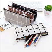 韩国方形格子帆布小清新条纹笔袋简约创意男女学生文具盒铅笔袋