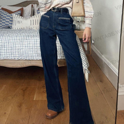 vintagewen深蓝色法式复古高腰微喇牛仔裤，女宽松显瘦长裤百搭