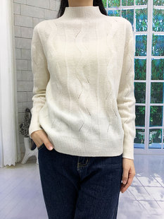韩版米白色镂空套头针织衫，汀缦半高领毛衣通勤长袖羊毛打底衫女