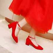 婚鞋女款女结婚新娘低跟鞋子，红鞋大码秀禾鞋平底中式红色