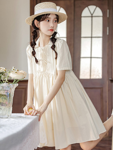 甜美娃娃领米白色连衣裙女夏法式小清新茶歇裙初恋小个子仙女短裙