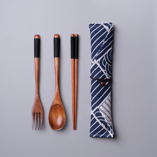筷子勺子叉子套装干饭人专用木质单人装三件套便携餐具布袋一人用