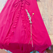 n3复古优雅暗红色甜美荷叶边度假风仙女长款雪纺裙罩衫披肩外套