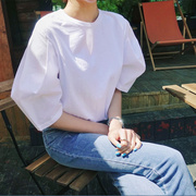 夏装灯笼袖短袖白色T恤女韩版圆领宽松显瘦时尚T恤衫大码休闲上衣