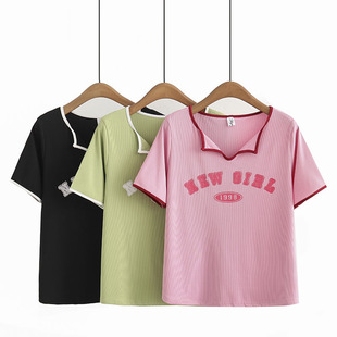 短袖2023年女夏季潮流，时尚大码独特翻领字母，印花拼色半袖t恤