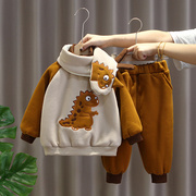 男童冬装套装2023宝宝加绒加厚卫衣两件套婴儿童围脖保暖洋气