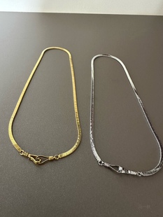 黄铜镀18k金颈链(金颈链，)扁蛇骨链项链，欧美简约短款气质锁骨链前扣毛衣链