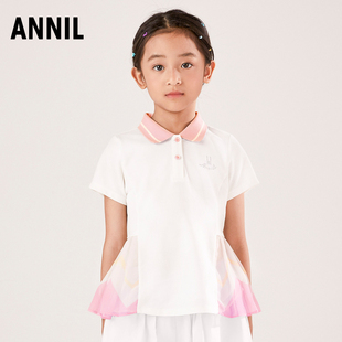安奈儿女童装纯棉翻领短袖T恤夏季款学生时尚休闲针织上衣