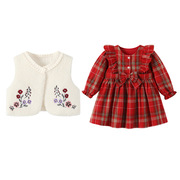 韩版女童秋冬裙子2023时尚女童红格子连衣裙儿童刺绣两件套装