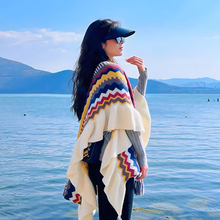 民族风披肩外搭开衫女川西新疆青海西藏波，西米亚风旅游针织斗篷