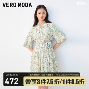 Vero Moda连衣裙2023秋冬花朵纹理泡泡袖高腰拉链