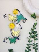 田园复古风格蝴蝶铁艺做旧墙饰黄绿花朵立体组合壁饰花园阳台挂件