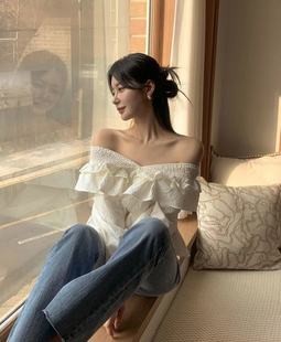 韩国hyou蕾丝露肩雪纺衫，甜美气质荷叶边两穿v领短款长袖衬衣