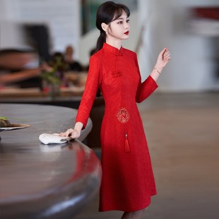 早春汉服中国风年轻款改良旗袍，2024长袖高级感红色蕾丝连衣裙