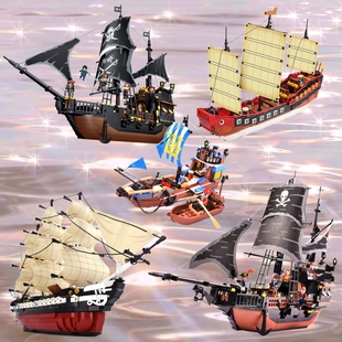 儿童海盗船积木加勒比系列黑珍珠皇家战舰拼装玩具男孩益智摆件