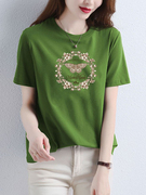 小众豆绿色圆领T恤女短袖夏季2024时尚印花宽松洋气休闲显瘦