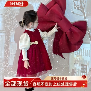 女童红色连衣裙2023冬装宝宝加绒背心裙儿童洋气公主裙新年装