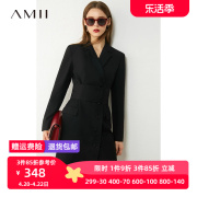 amii2024秋商务通勤西装领翻领，配腰带直筒长袖中长连衣裙