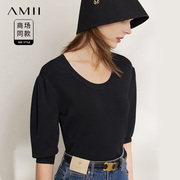 Amii2024年秋季收腰短款针织衫女显瘦圆领五分公主袖黑色上衣