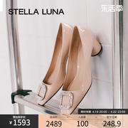 stellaluna女鞋春夏单鞋水钻，方扣牛皮方头百搭粗中跟小皮鞋