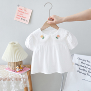 女童蕾丝翻领短袖衬衫夏装婴儿纯棉，上衣儿童衬衣女宝宝娃娃衫清新