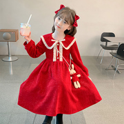 女童洋装秋装2023秋冬小女孩红色洋派公主裙秋季儿童套装裙子