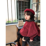 韩国童装女童毛衣秋冬装洋气纯色钩花针织长袖上衣斗篷套头外套