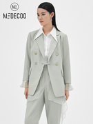 MEDECOO/墨蒂珂2022春季女装雪纺拼接双排扣九分袖西装短外套