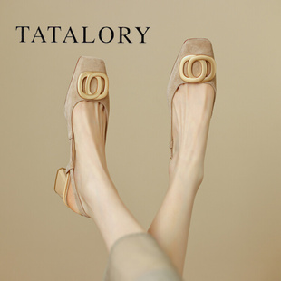 tatalory女鞋复古粗跟高跟包头凉鞋金属扣方头气质浅口单鞋后空