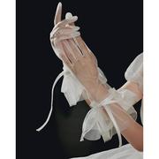 新娘白色蝴蝶结手套婚纱结婚主，婚纱高级婚礼蕾丝，手套复古法式轻纱