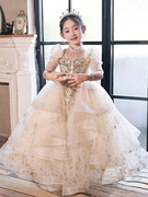销儿童婚纱礼服蓬蓬裙长袖香槟色公主裙长款钢琴演出女童主持人厂