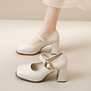 白色仙女风玛丽珍鞋女2024春秋季单鞋，粗跟高跟气质法式小皮鞋