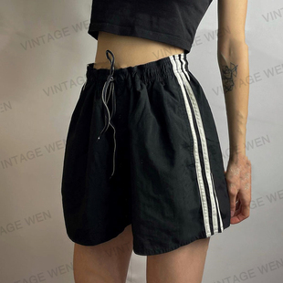 vintagewen美式复古黑色系带休闲宽松高腰运动短裤夏季女百搭