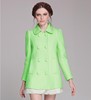 女装翻领双排扣蕾丝拼接中长款修身羊毛呢外套呢大衣绿色