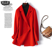 羊绒大衣女中长款西装，领红色气质，羊毛妮子春秋毛呢外套小个子