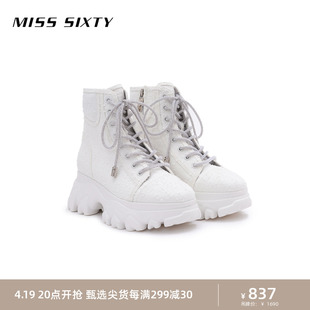 misssixty高帮鞋女重工，肌理感牛仔系带钻饰拉链，厚底松糕鞋轻奢风