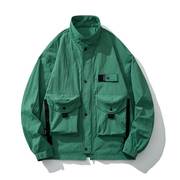 春季男士潮牌工装风大口袋纯色，百搭立领外套宽松休闲绿色夹克