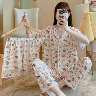 女士夏季短袖睡衣三件套韩版甜美可爱卡通家居服