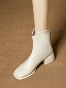 短靴女2023秋冬瘦瘦单靴白色高跟，踝靴粗跟后拉链英伦风马丁靴