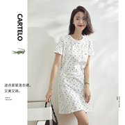 鳄鱼设计感波点白色连衣裙女夏季韩版圆领套头短袖长款T恤裙