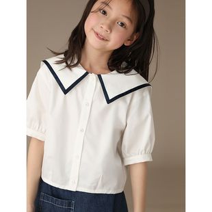 童装2024夏季女童海军领白色，纯棉短袖开扣衬衫学院风衬衣气质