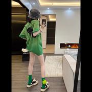 绿色短袖t恤女夏日多巴胺独特别致中长款宽松大版潮牌小众设计感