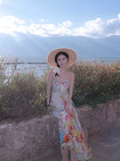 大理洱海旅游拍照穿搭度假长裙，女波西米亚彩色，花朵碎花吊带连衣裙