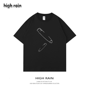 high rain 设计感别针落肩短袖T恤男黑色宽松纯棉oversize风体恤