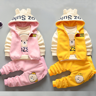 男女童加绒加厚秋天套装女宝宝秋冬款1-3-4岁儿童套装婴儿童棉衣2