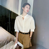 白色衬衫女夏款显瘦中袖立领职业通勤宽松短袖，设计感泡泡袖上衣