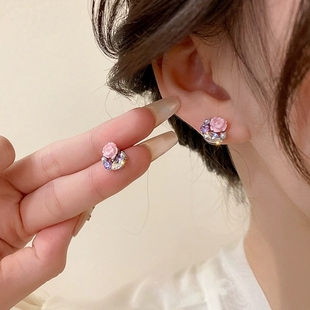 银针镶钻珍珠花朵耳环，韩国时尚小巧耳钉，甜美气质耳坠小众百搭耳饰