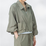 miuza设计师款小众工装，早秋薄外套女短款军，绿色拉链开衫2023