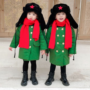 军冬大衣儿童东北军，绿加厚保暖棉袄男女童老式复古加绒中长款外套
